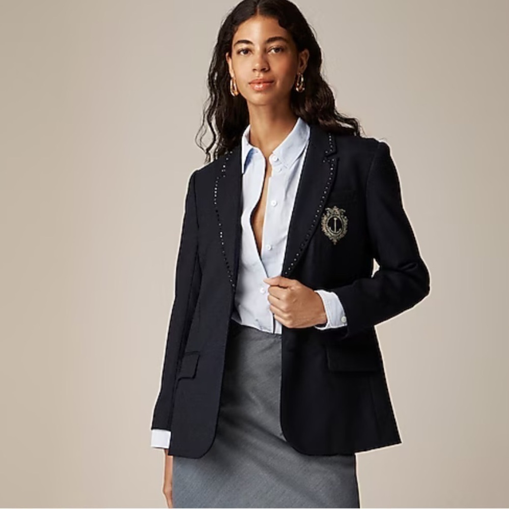J crew navy Collection relaxed blazer crest embellishment in wool-blend flannel
